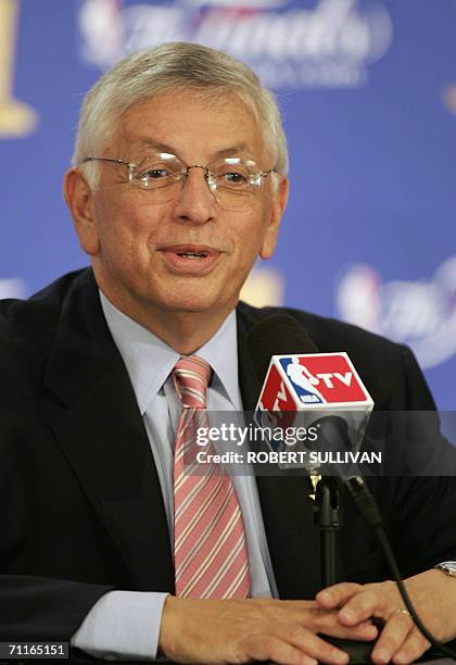 Dallas, UNITED STATES: David Stern, commissioner of the National Basketball Association , speaks at a media availability during a practice day for...