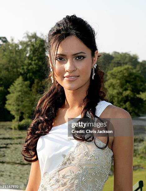 Miss England, Hammasa Kohistani poses in front of Stowe school as she arrives at the Silverstone Grand Prix Ball on June 9, 2006 in Stowe, England