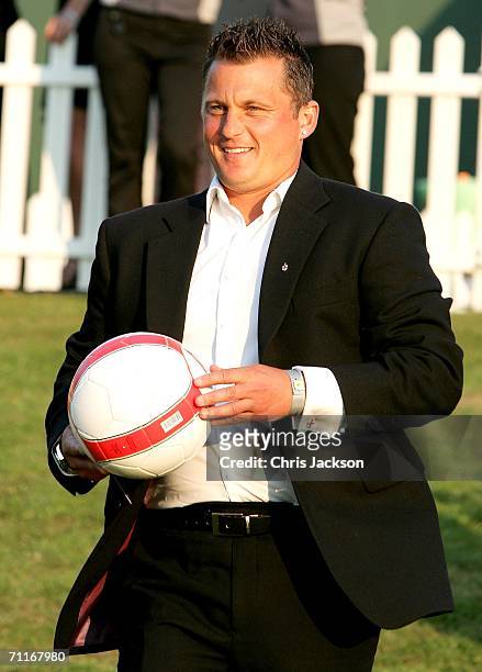 Cricketer Darren Gough take a penalty as he take part in a charity shoot out at the Silverstone Grand Prix Ball on June 9, 2006 in Stowe, England