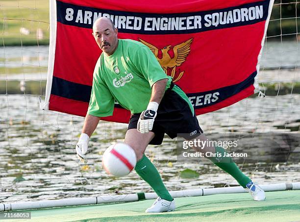 Bruce Grobbelaar takes part in a charity shoot out at the Silverstone Grand Prix Ball on June 9, 2006 in Stowe, England