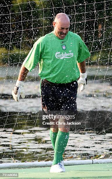 Bruce Grobbelaar takes part in a charity shoot out at the Silverstone Grand Prix Ball on June 9, 2006 in Stowe, England