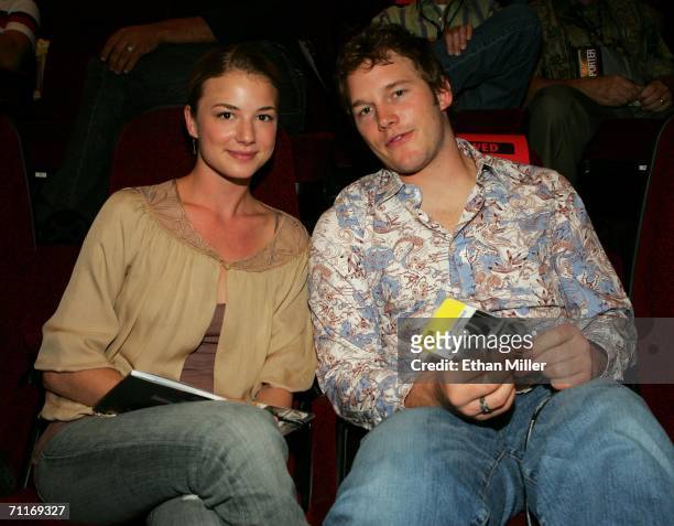 Actress Emily VanCamp and actor Chris Pratt pose inside at the Cinevegas opening night film "Strangers With Candy" at the Brenden Theatres inside the...
