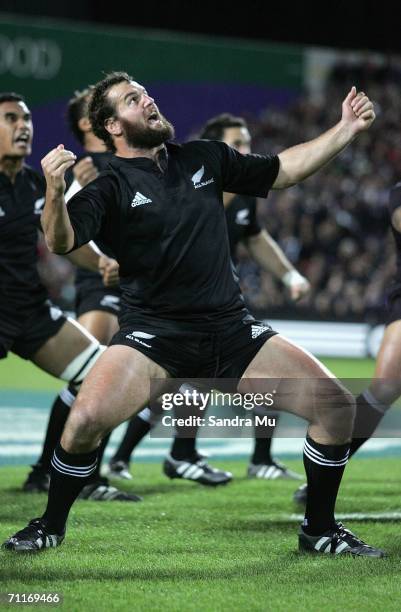 Carl Hayman of New Zealand leads the Haka before the international test match between the New Zealand All Blacks and Ireland at Waikato Stadium June...