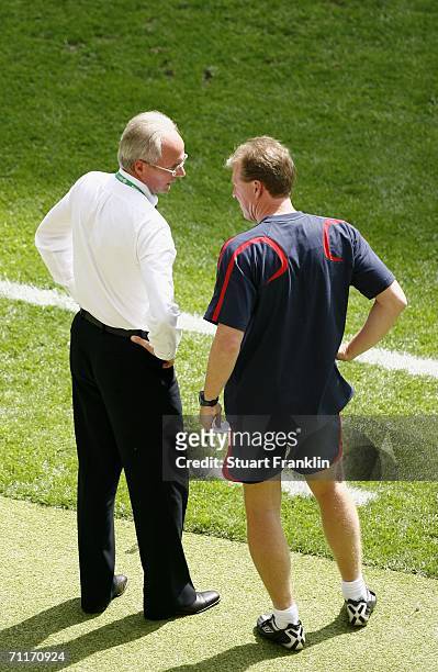 Sven Goran Eriksson the England manager speaks with his assistant coach Steve McClaren during the FIFA World Cup Germany 2006 Group B match between...
