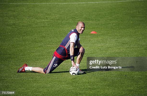 Zinedine Zidane stretches during the training session of France National Team at the Weserbergland Stadium on June 10, 2006 in Hameln, Germany.