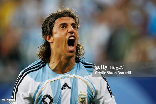 Hernan Crespo of Argentina celebrates scoring his team's first goal during the FIFA World Cup Germany 2006 Group C match between Argentina and Ivory...