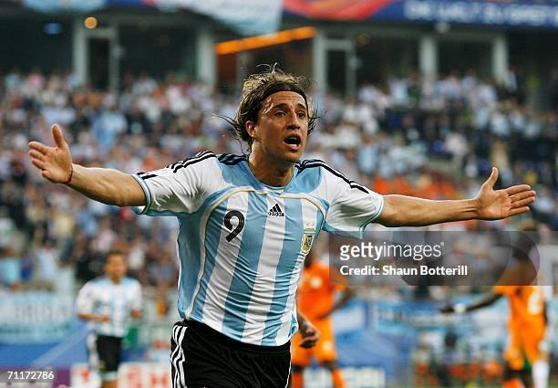 Hernan Crespo of Argentina celebrates scoring his team's first goal during the FIFA World Cup Germany 2006 Group C match between Argentina and Ivory...