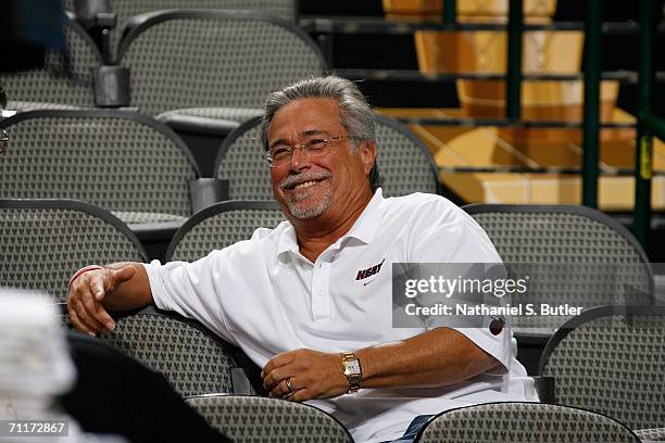 Team owner, Mickey Arison of the Miami Heat looks on during Media Availability the day before Game Two of the 2006 NBA Finals June 10, 2006 at...