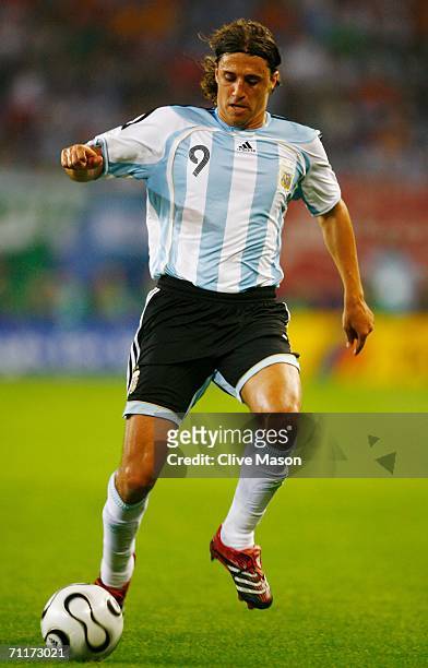 Hernan Crespo of Argentina runs with the ball during the FIFA World Cup Germany 2006 Group C match between Argentina and Ivory Coast played at the...