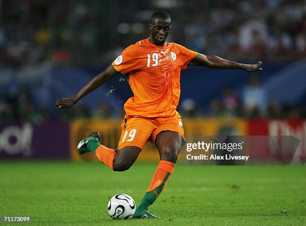 Yaya Toure of Ivory Coast passes the ball upfield during the FIFA World Cup Germany 2006 Group C match between Argentina and Ivory Coast played at...