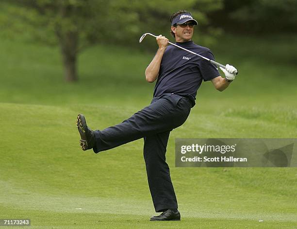 Billy Andrade reacts to his approach shot on the tenth hole during the third round of the Barclays Classic at the Westchester Country Club on June...