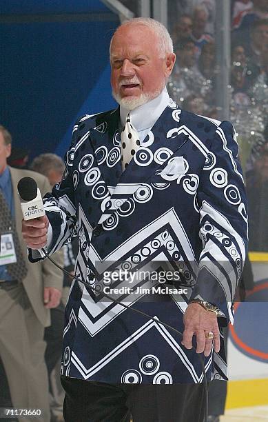 Television personality Don Cherry enters the ice before the start of game three of the 2006 NHL Stanley Cup Finals between the Edmonton Oilers and...