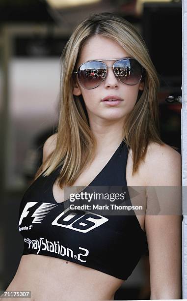 British model Keeley Hazell poses for the press with Midalnd F1 prior to the F1 British Grand Prix at Silverstone on June 11 in Silverstone, England.