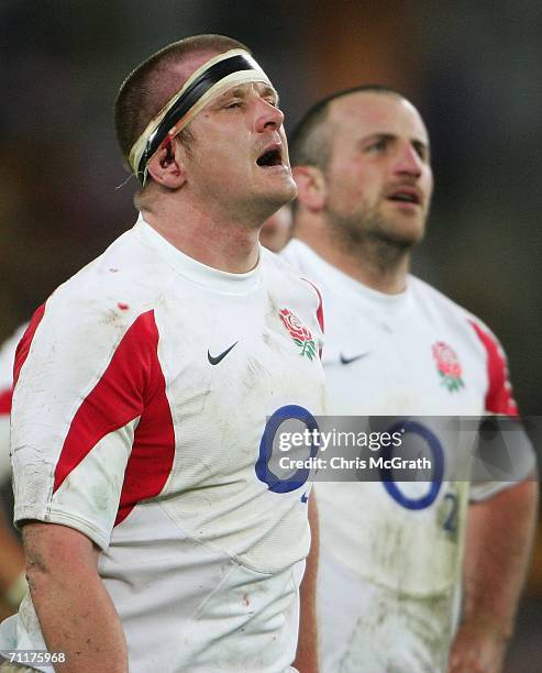 Graham Rowntree of England stands dejected after a penalty was awarded to the Wallabies during the Cook Cup match between Australian Wallabies and...