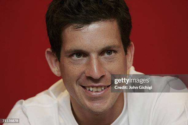 Tim Henman of Great Britain holds a press conference at the Stella Artois Championships at Queens on June 11, 2006 in London, England.