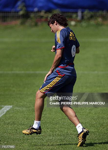 Spanish forward Raul gestures after being injured in a clash with defender Pablo Ibanez during the team's training session in Kamen, 11 June 2006,...