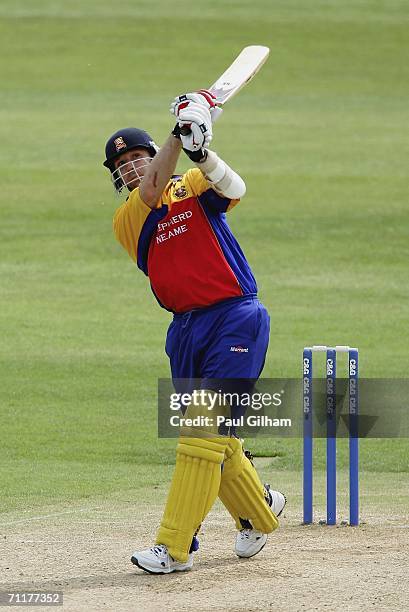 James Middlebrook of Essex a six out of the ground and looses the ball in the nearby river during the Cheltenham and Gloucester Trophy match between...