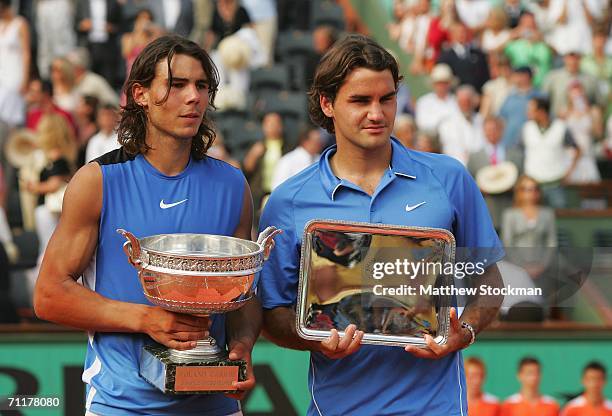 Rafael Nadal of Spain looks on after defeating Roger Federer of Switzerland during the Men's Singles Final on day fifteen of the French Open at...