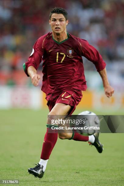 Cristiano Ronaldo of Portugal chases the ball during the FIFA World Cup Germany 2006 Group D match between Angola and Portugal at the Stadium Koln on...