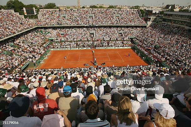 General view of Court Philippe Chatrier taken during the match between Roger Federer of Switzerland and Rafael Nadal of Spain during the Men?s...