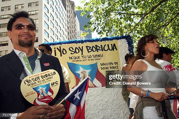 Jimmy Smits and Rosie Perez are seen during the Puerto Rican Day Parade June 11, 2006 in New York City. The Puerto Rican Day Parade in New York City...