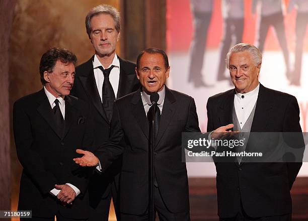 Actor Joe Pesci stands onstage with Frankie Valli and the original Four Seasons onstage at the 60th Annual Tony Awards at Radio City Music Hall June...
