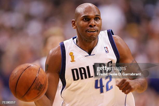 Jerry Stackhouse of the Dallas Mavericks brings the ball up court against the Miami Heat during Game Two of the 2006 NBA Finals June 11, 2006 at...