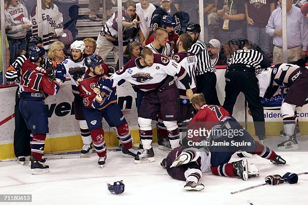 The Milwaukee Admirals and the Hershey Bears rough each other during game four of the AHL Calder Cup Finals on June 11, 2006 at the Giant Center in...