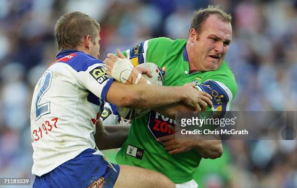 Michael Weyman of the Raiders runs the ball forward during the round 14 NRL match between the Bulldogs and the Canberra Raiders played at Telstra...