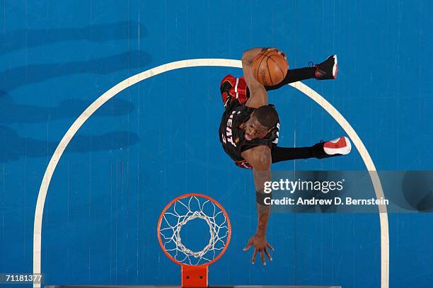 Dwyane Wade of the Miami Heat drives to the basket against the Dallas Mavericks during Game Two of the 2006 NBA Finals June 11, 2006 at American...