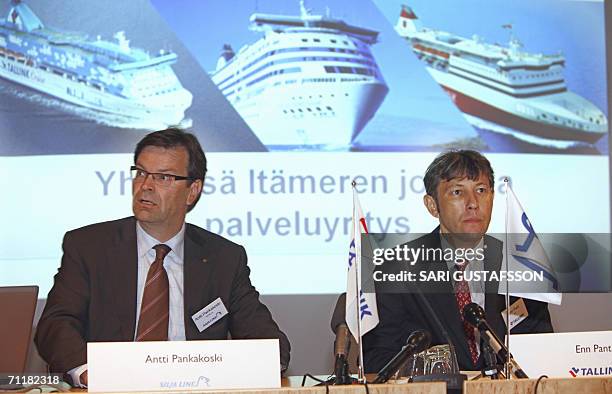 Finnish ferry company Silja Line CEO Antti Pankakoski and chairman of the Management Board of the Estonian Tallink Grupp, Enn Pant give a press...