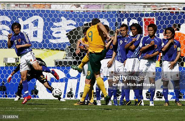 Mark Viduka of Australia, attempts a shot on the Japanese goal goal from a free kick during the FIFA World Cup Germany 2006 Group F match between...