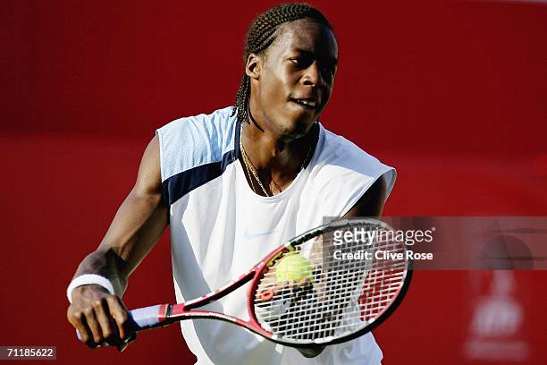 Gael Monfils of France in action during his first round match against Jurgen Melzer of Austria at the Stella Artois Championships at Queens Club on...