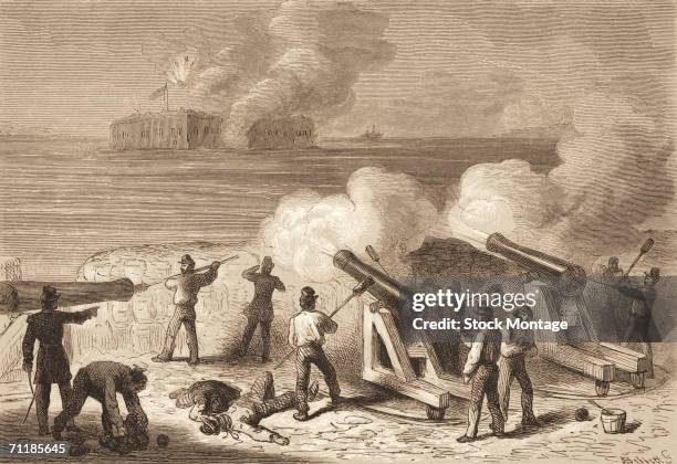 Engraving shows the Confederate bombardment of Fort Sumter, Charleston harbor, South Carolina. April 12, 1861. The attack marked the beginning of the...