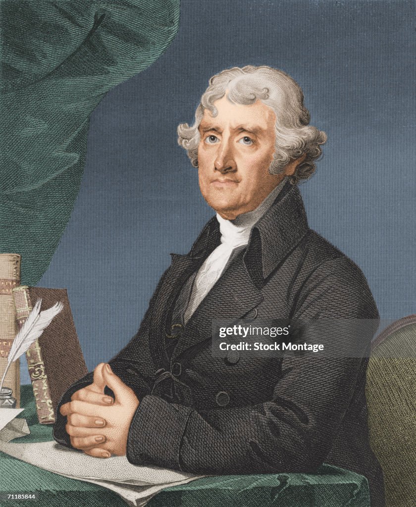 Colorized engraved portrait of American President Thomas Jefferson