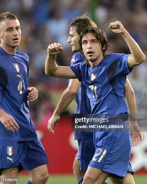 Italian midfielder Andrea Pirlo jubilates after scoring the opening goal during the FIFA World Cup 2006 group E football match Italy vs Ghana, 12...