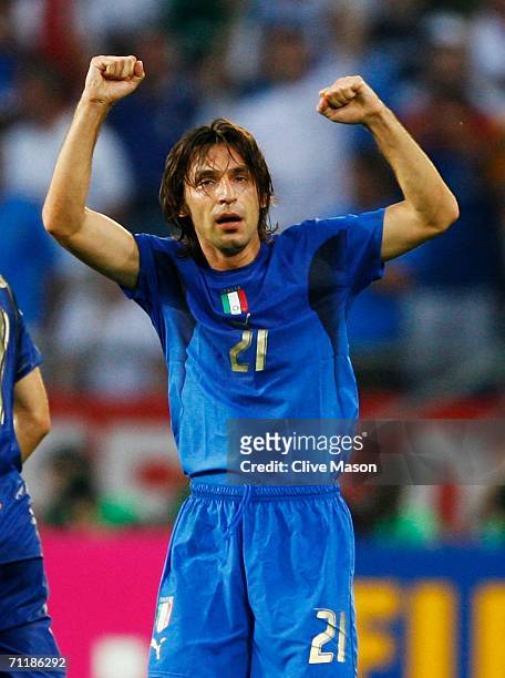 Andrea Pirlo of Italy celebrates scoring his team's first goal during the FIFA World Cup Germany 2006 Group E match between Italy and Ghana played at...
