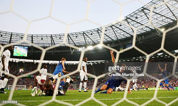 Andrea Pirlo of Italy scores his team's opening goal during the FIFA World Cup Germany 2006 Group E match between Italy and Ghana played at the...