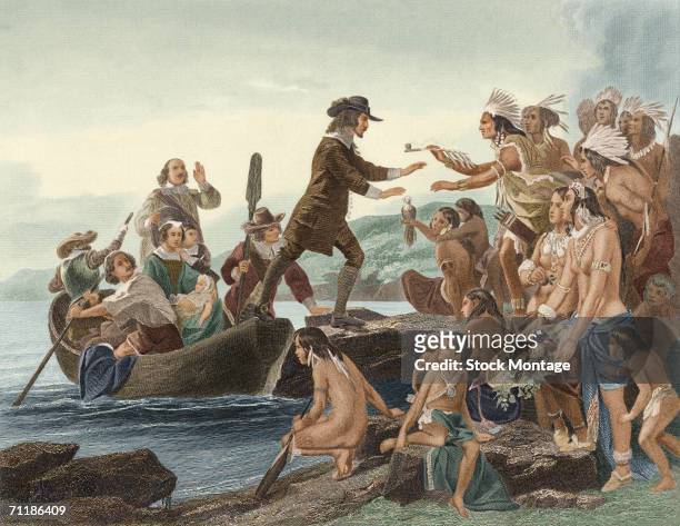 Colorized engraving, based on a painting by Alonzo Chappel, shows a group of Native Americans as they offer the pipe of peace to British theologian...