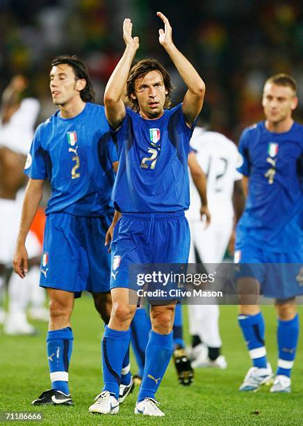 Andrea Pirlo of Italy applauds his team's fans after victory in the FIFA World Cup Germany 2006 Group E match between Italy and Ghana played at the...