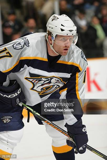 Scott Hartnell of the Nashville Predators readies for a faceoff during a game against the San Jose Sharks on March 11, 2006 at the HP Pavilion in San...