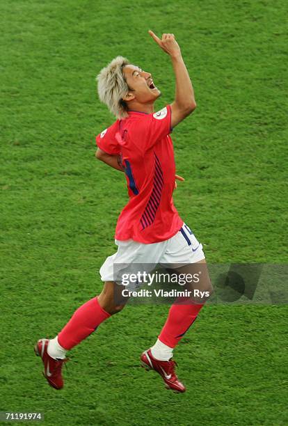 Chun-Soo Lee of South Korea celebrates scoring the equalizing goal during the FIFA World Cup Germany 2006 Group G match between South Korea and Togo...