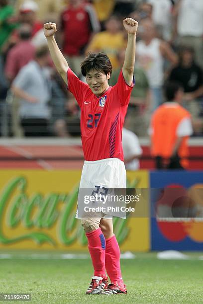 Jin-Kyu Kim of South Korea celebrates after the FIFA World Cup Germany 2006 Group G match between South Korea and Togo which Korea won 1-0 at the...