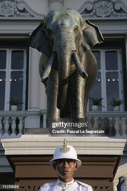 Royal Guard stands at the Golden Palace before the Royal banquet on June 13, 2006 in Bangkok. The king of Thailand is marking the 60th anniversary of...