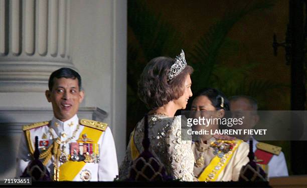 Spanish Queen Sofia is welcomed by Thai Crown Prince Maha Vajiralongkorn and Thai Crown Princess Maha Chakri Sirindhorn upon arriving at the Grand...
