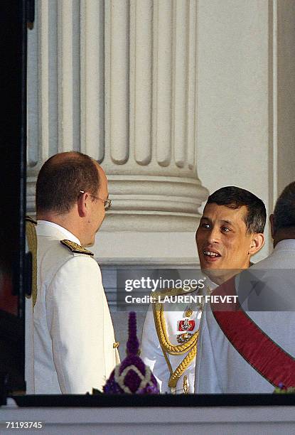 Prince Albert II of Monaco is welcomed by Thai Crown Princess Maha Chakri Sirindhorn upon arriving at the Grand Palace in Bangkok, 13 June 2006 for...