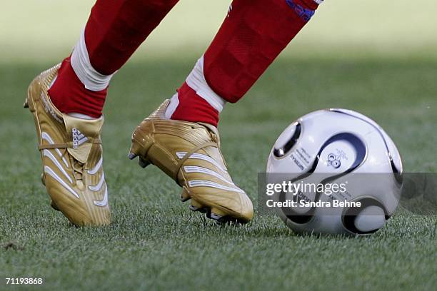 View of the personalised boots of Zinedine Zidane of France during the FIFA World Cup Germany 2006 Group G match between France and Switzerland at...