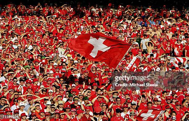 Swiss fans watch the action during the FIFA World Cup Germany 2006 Group G match between France and Switzerland at the Gottlieb-Daimler Stadium on...