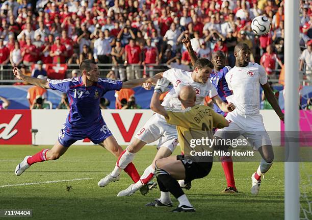 Alexander Frei of Switzerland tries to score during the FIFA World Cup Germany 2006 Group G match between France and Switzerland at the...