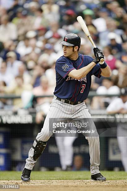 Joe Mauer of the Minnesota Twins bats against the Seattle Mariners on June 8, 2006 at Safeco Field in Seattle, Washington. The Twins defeated the...